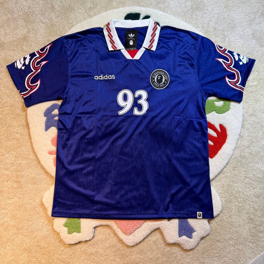Adidas x BAPE SSL Flame Jersey Blue Soccer Shirt NWT Mens Size L